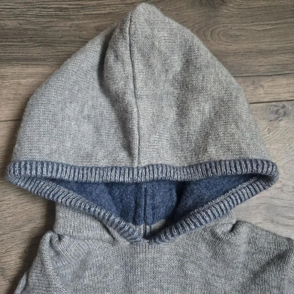 Ralph Lauren Boys 24M Wool Knit Bulldog Sweater Hoodie Full Zip Back Gray Blue